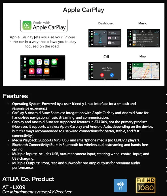 Altia AT-LX09 Headunit – Wireless Apple CarPlay, Android Auto, and High-Performance 7-Inch Touchscreen Car Stereo